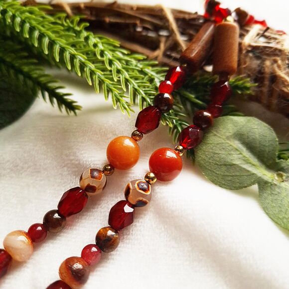 Brown Jasper & Red Jade Beaded Pendant Necklace - 24k Gold Plated Stainless - Picture 6 of 16
